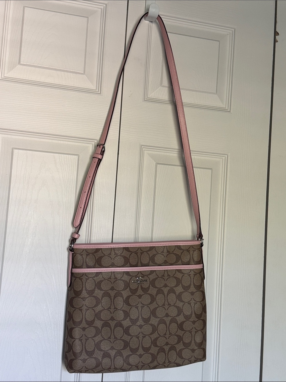 Coach Brown Signature Crossbody with Pink Trim